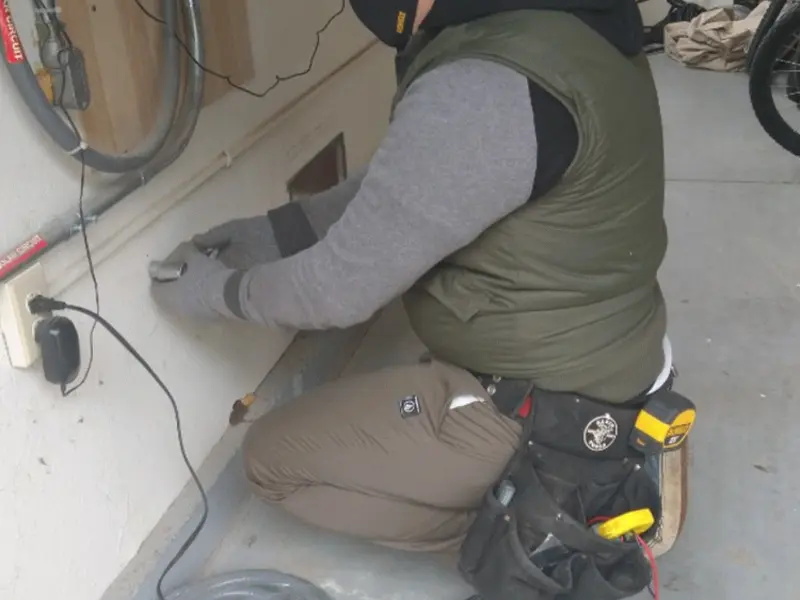 Electrician performing outlet wiring in a Happy Valley garage